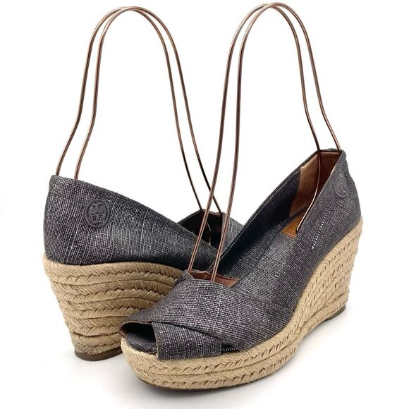 Tory Burch Filipa Espadrille Wedge Heel in Shimmer Pewter Linen Women’s Size 5.5 - Picture 16 of 16